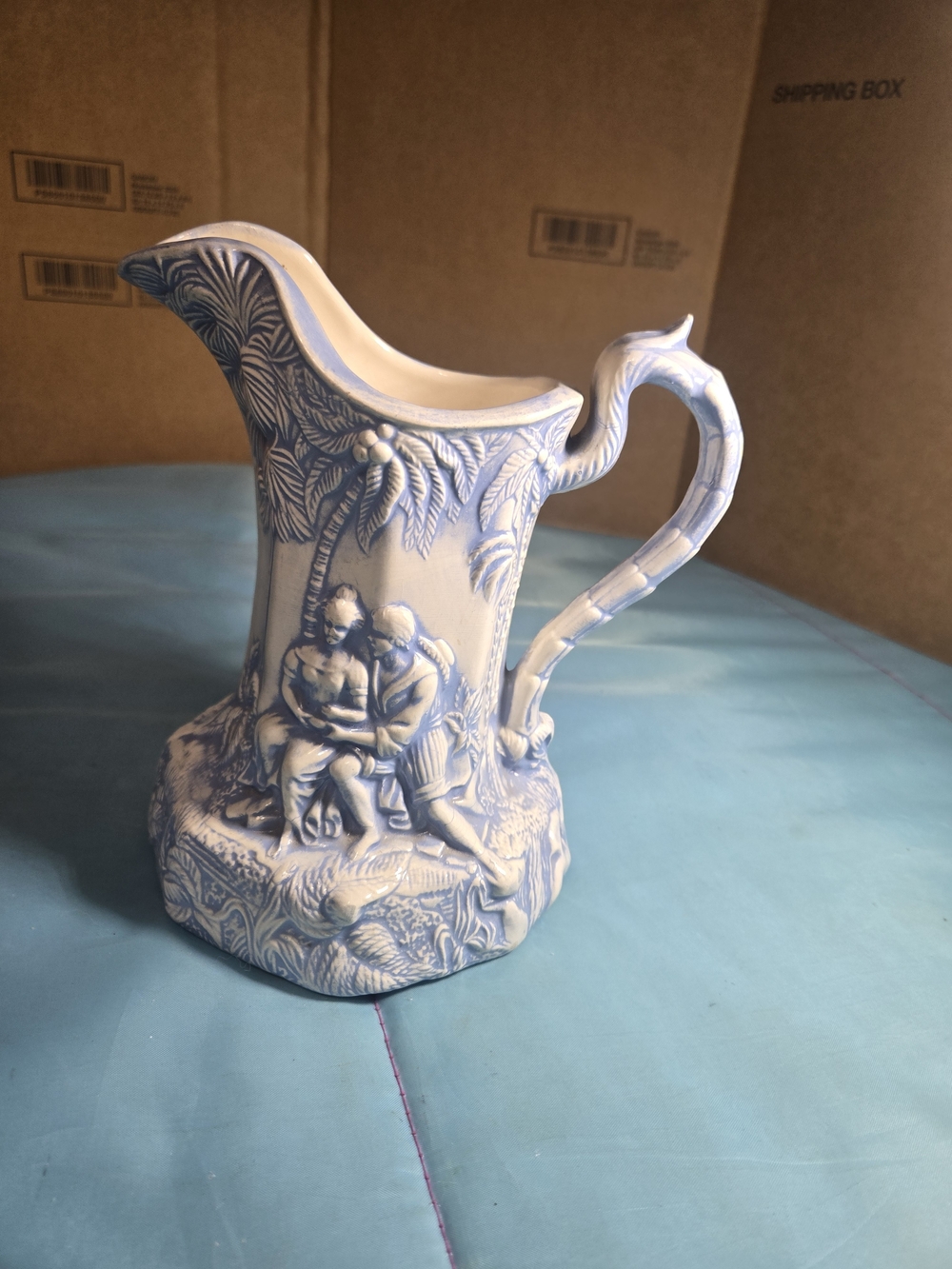 Vintage Pale Blue Victorian Ornate Raised Design 7.5'' Ceramic Water Pitcher 70s